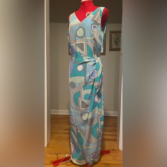 Y2K 90s Spenser Jeremy 100% Silk Mod Printed Faux Wrap Maxi Sun Dress - Picture 2 of 8